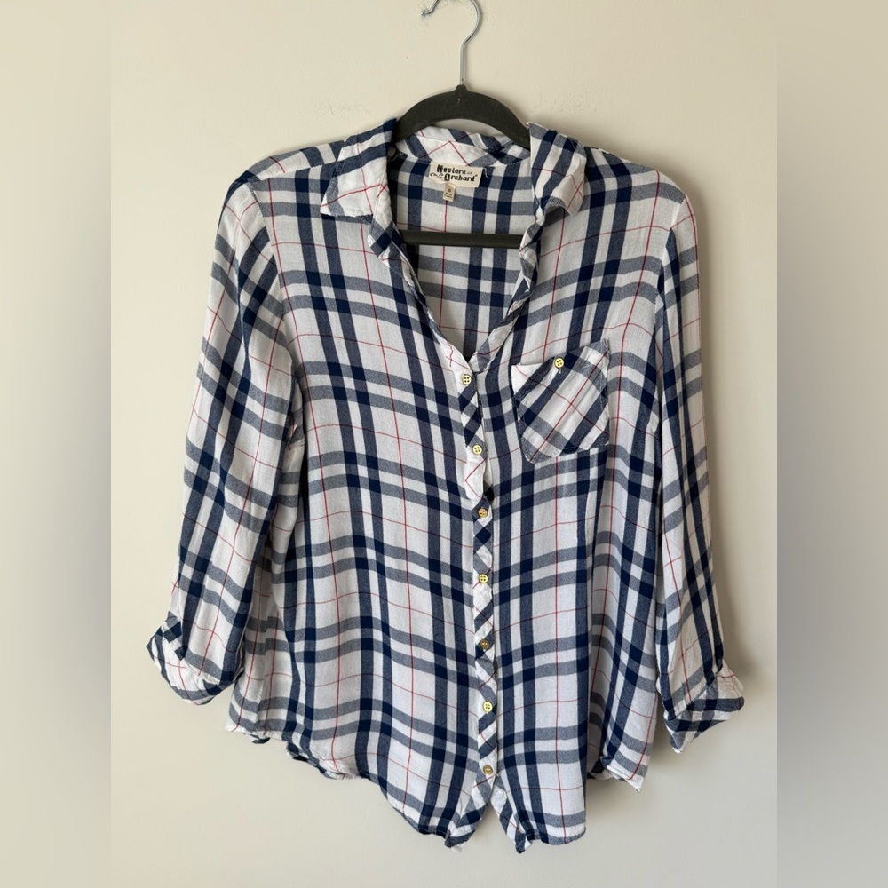 Blue, Red and White Plaid Button-Up Shirt